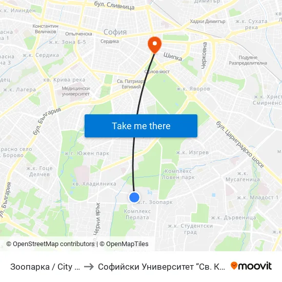 🐘 Зоопарка / City Zoo (0749) to Софийски Университет “Св. Климент Охридски"" map