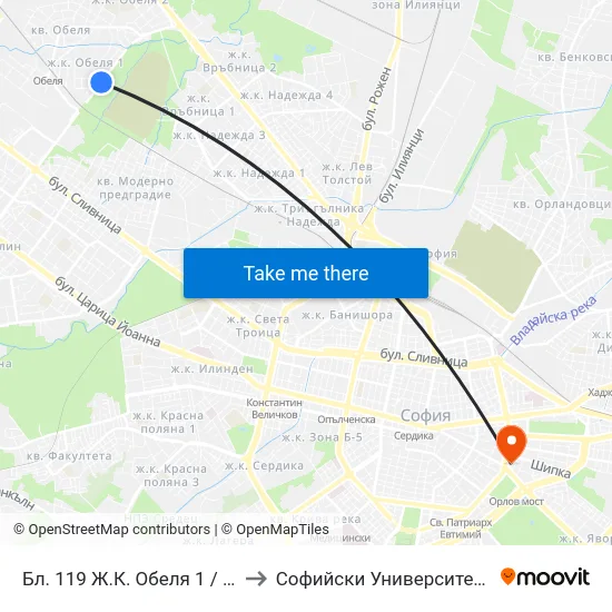 Бл. 119 Ж.К. Обеля 1 / Bl. 119, Obelya 1 Qr. (2442) to Софийски Университет “Св. Климент Охридски"" map
