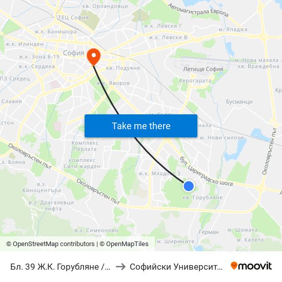 Бл. 39 Ж.К. Горубляне / Bl. 39, Gorublyane Qr. (0203) to Софийски Университет “Св. Климент Охридски"" map