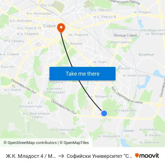 Ж.К. Младост 4 / Mladost 4 Qr. (6380) to Софийски Университет “Св. Климент Охридски"" map