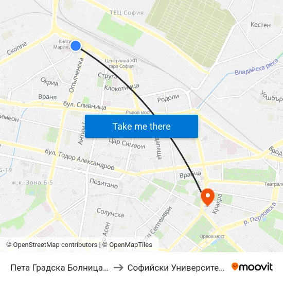 Пета Градска Болница / 5-Th City Hospital (1256) to Софийски Университет “Св. Климент Охридски"" map
