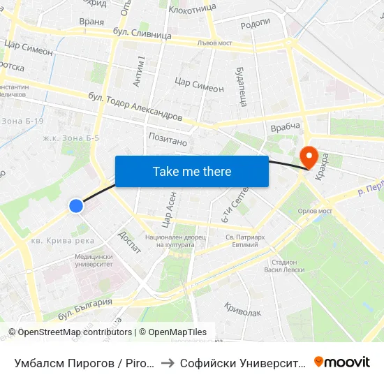 Умбалсм Пирогов / Pirogov Emergency Hospital (0758) to Софийски Университет “Св. Климент Охридски"" map