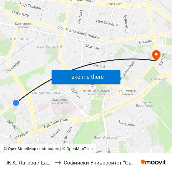 Ж.К. Лагера / Lagera Qr. (0644) to Софийски Университет “Св. Климент Охридски"" map