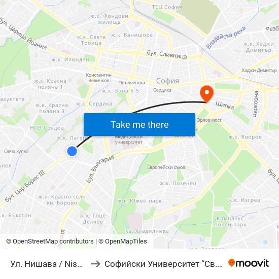 Ул. Нишава / Nishava St. (2110) to Софийски Университет “Св. Климент Охридски"" map
