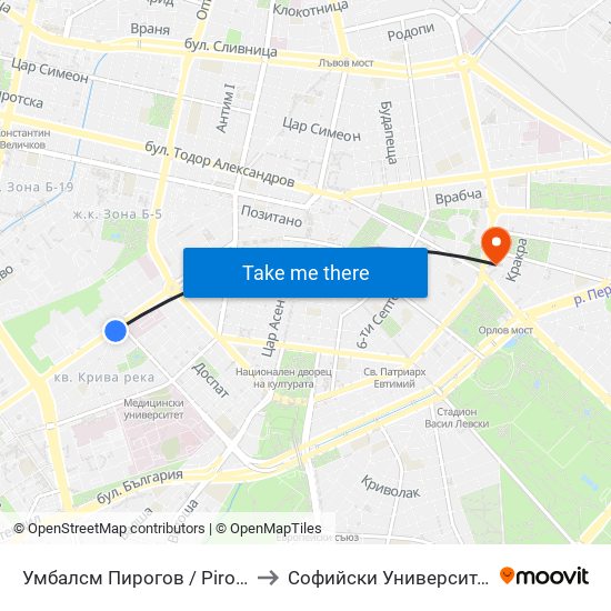 Умбалсм Пирогов / Pirogov Emergency Hospital (0759) to Софийски Университет “Св. Климент Охридски"" map