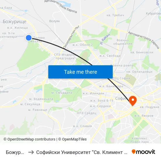 Божурище to Софийски Университет “Св. Климент Охридски"" map