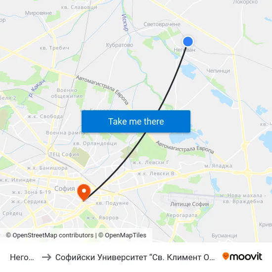 Негован to Софийски Университет “Св. Климент Охридски"" map