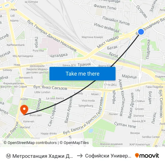 Ⓜ️ Метростанция Хаджи Димитър / Hadzhi Dimitar Metro Station (0303) to Софийски Университет “Св. Климент Охридски"" map