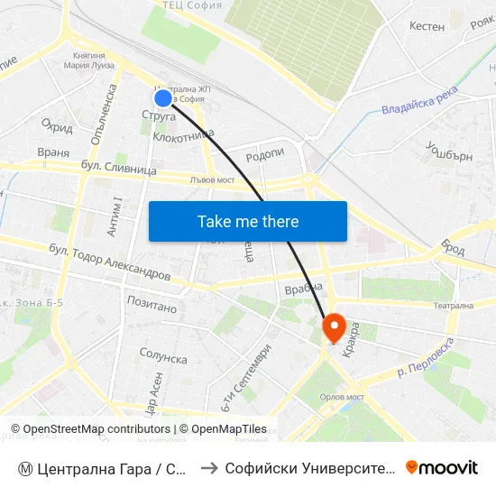 Ⓜ️ Централна Гара / Central Railway Station (6220) to Софийски Университет “Св. Климент Охридски"" map