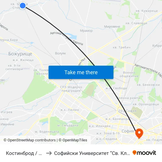 Костинброд / Kostinbrod to Софийски Университет “Св. Климент Охридски"" map
