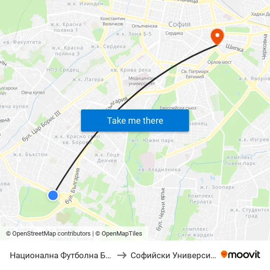 Национална Футболна База / National Football Base (2848) to Софийски Университет “Св. Климент Охридски"" map
