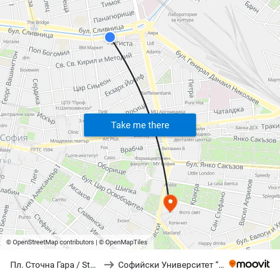 Пл. Сточна Гара / Stochna Gara Sq. (1321) to Софийски Университет “Св. Климент Охридски"" map
