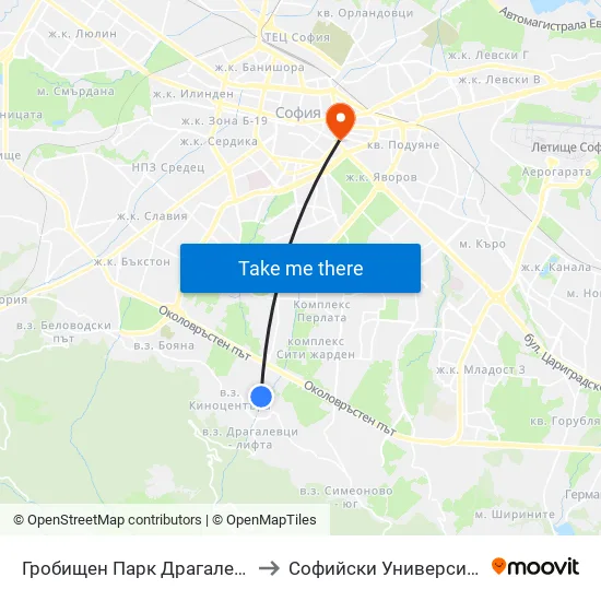 Гробищен Парк Драгалевци / Dragalevtsi Cemetery (6694) to Софийски Университет “Св. Климент Охридски"" map