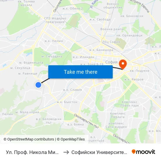 Ул. Проф. Никола Милев / Prof. Nikola Mitev St. to Софийски Университет “Св. Климент Охридски"" map