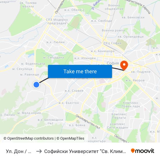 Ул. Дон / Don St. to Софийски Университет “Св. Климент Охридски"" map