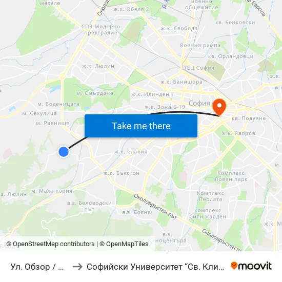 Ул. Обзор / Obzor St. to Софийски Университет “Св. Климент Охридски"" map