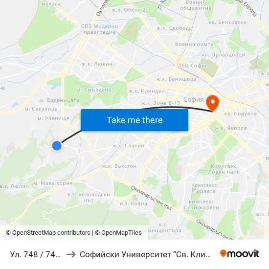 Ул. 748 / 748-Th St. to Софийски Университет “Св. Климент Охридски"" map