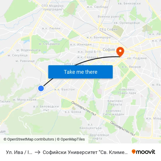 Ул. Ива / Iva St. to Софийски Университет “Св. Климент Охридски"" map