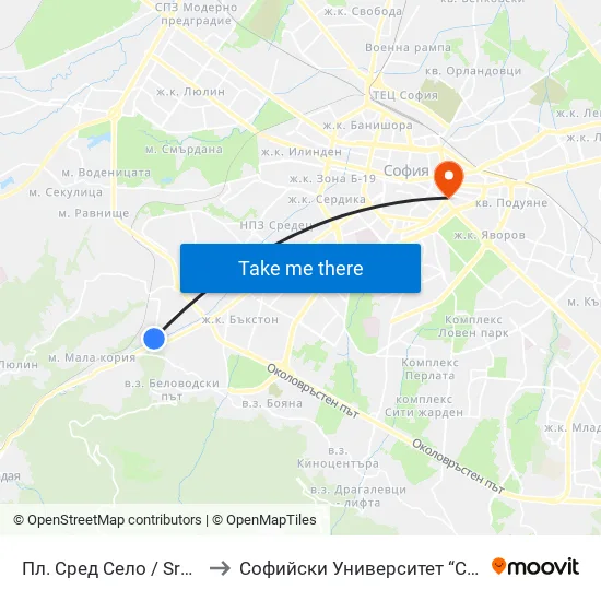Пл. Сред Село / Sred Selo Sq. (2847) to Софийски Университет “Св. Климент Охридски"" map