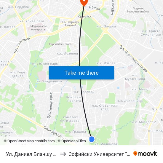 Ул. Даниел Бланшу / Daniel Blanchoud St. to Софийски Университет “Св. Климент Охридски"" map