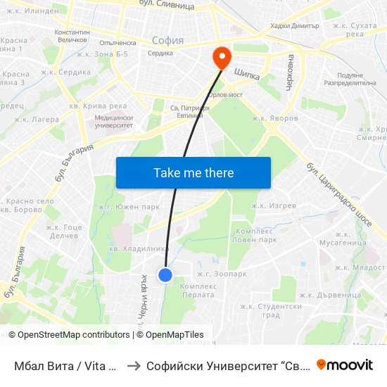 Мбал Вита / Vita Hospital (2784) to Софийски Университет “Св. Климент Охридски"" map