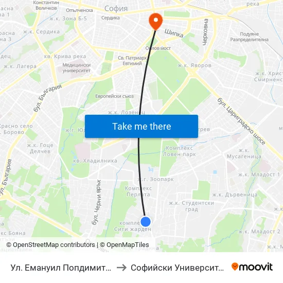 Ул. Емануил Попдимитров / Emanuil Popdimitrov St. to Софийски Университет “Св. Климент Охридски"" map