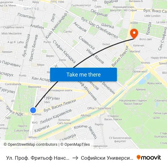 Ул. Проф. Фритьоф Нансен / Prof. Fridtjof Nansen St. (6331) to Софийски Университет “Св. Климент Охридски"" map