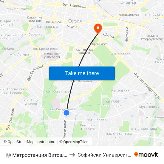 Ⓜ️ Метростанция Витоша / Vitosha Metro Station (0911) to Софийски Университет “Св. Климент Охридски"" map