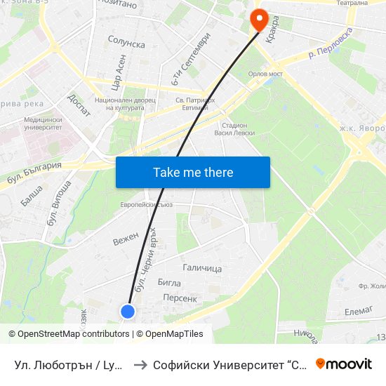 Ул. Люботрън / Lyubotran St. (2039) to Софийски Университет “Св. Климент Охридски"" map
