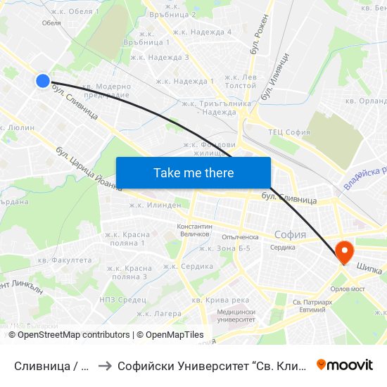 Сливница / Slivnitsa to Софийски Университет “Св. Климент Охридски"" map