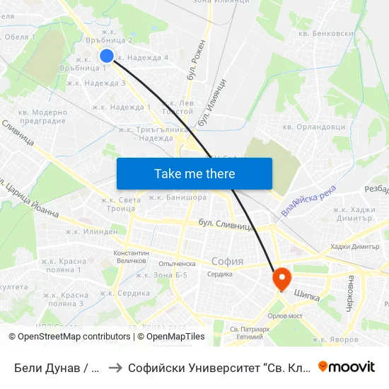 Бели Дунав / Beli Dunav to Софийски Университет “Св. Климент Охридски"" map