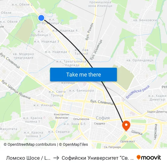 Ломско Шосе / Lomsko Shose to Софийски Университет “Св. Климент Охридски"" map