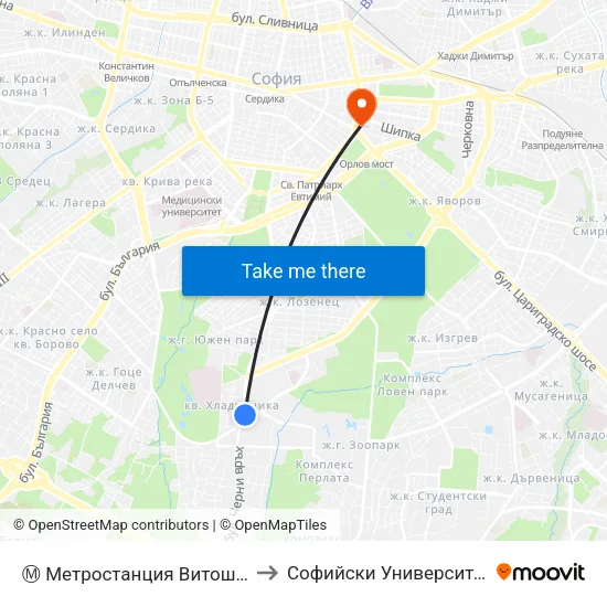 Ⓜ️ Метростанция Витоша / Vitosha Metro Station (0910) to Софийски Университет “Св. Климент Охридски"" map