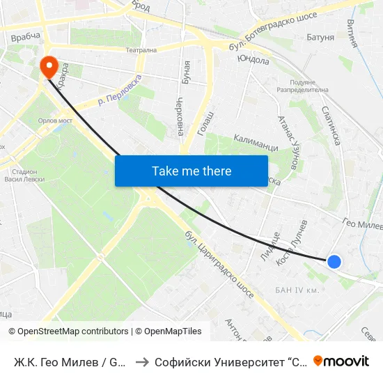 🚌 Ж.К. Гео Милев / Geo Milev Qr. (2595) to Софийски Университет “Св. Климент Охридски"" map