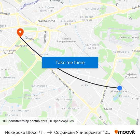 Искърско Шосе / Iskarsko Shosse to Софийски Университет “Св. Климент Охридски"" map