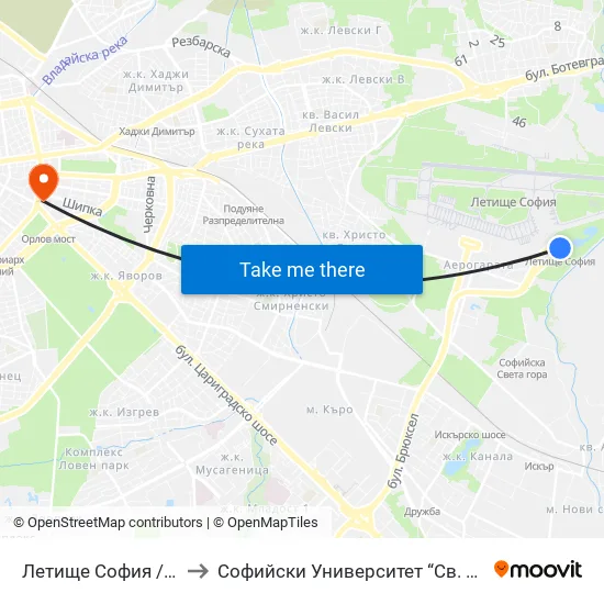 ✈️ Летище София / Sofia Airport to Софийски Университет “Св. Климент Охридски"" map