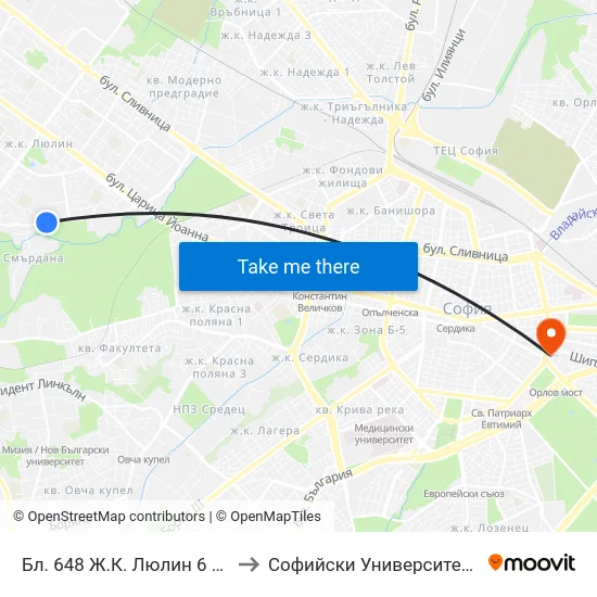 Бл. 648 Ж.К. Люлин 6 / Bl. 648, Lyulin 6 Qr. (2793) to Софийски Университет “Св. Климент Охридски"" map