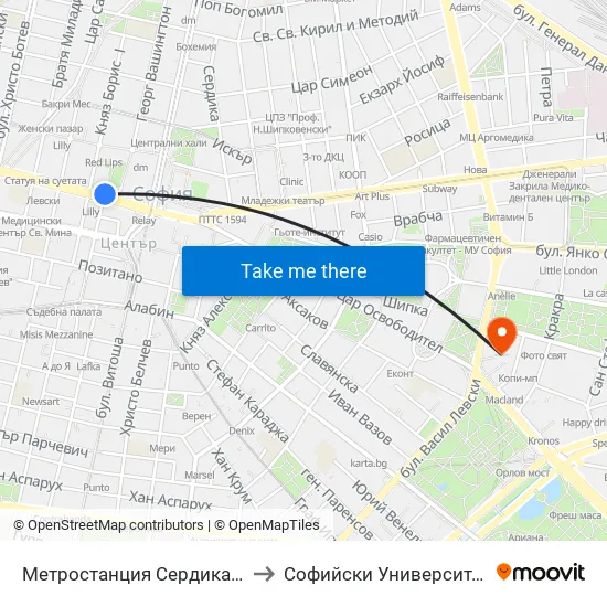 Ⓜ️ Метростанция Сердика / Serdika Metro Station (6459) to Софийски Университет “Св. Климент Охридски"" map