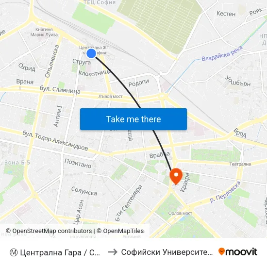 Ⓜ️ Централна Гара / Central Railway Station (1333) to Софийски Университет “Св. Климент Охридски"" map