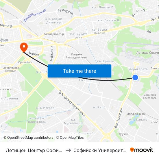 Летищен Център София / Sofia Airport Center (2797) to Софийски Университет “Св. Климент Охридски"" map