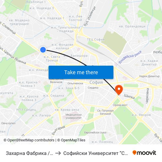 Захарна Фабрика / Zaharna Fabrika to Софийски Университет “Св. Климент Охридски"" map