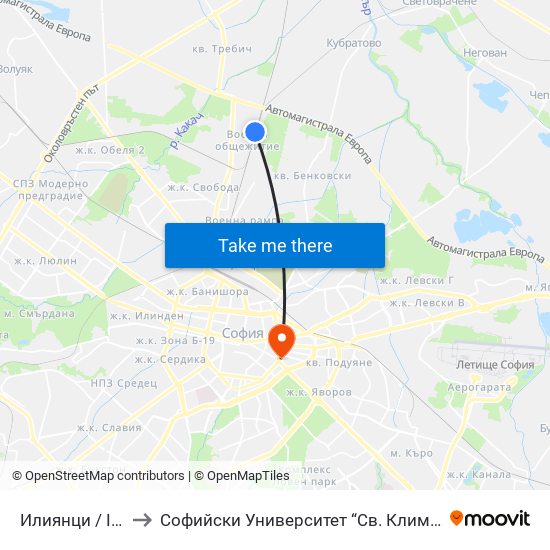 Илиянци / Iliyantsi to Софийски Университет “Св. Климент Охридски"" map
