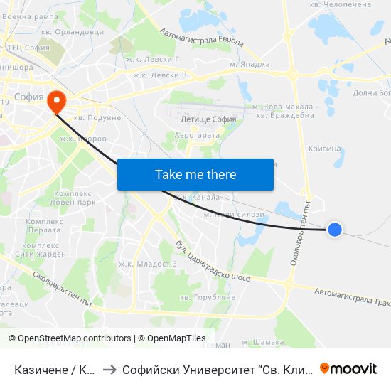 Казичене / Kazichene to Софийски Университет “Св. Климент Охридски"" map
