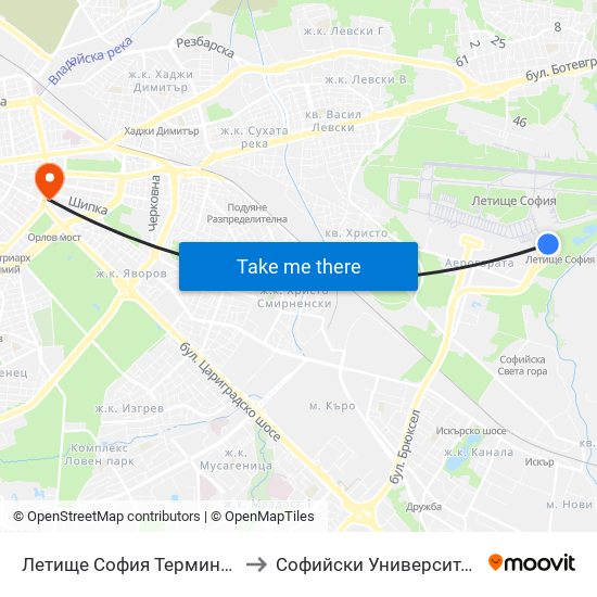 Летище София Терминал 2 / Sofia Airport Terminal 2 to Софийски Университет “Св. Климент Охридски"" map