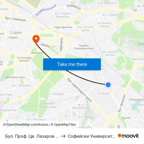 Бул. Проф. Цв. Лазаров / Prof. Tsv. Lazarov Blvd. (0370) to Софийски Университет “Св. Климент Охридски"" map