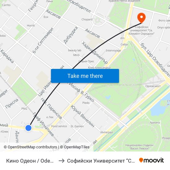 Кино Одеон / Odeon Cinema (0926) to Софийски Университет “Св. Климент Охридски"" map