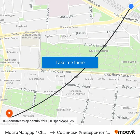 Моста Чавдар / Chavdar Bridge (1103) to Софийски Университет “Св. Климент Охридски"" map