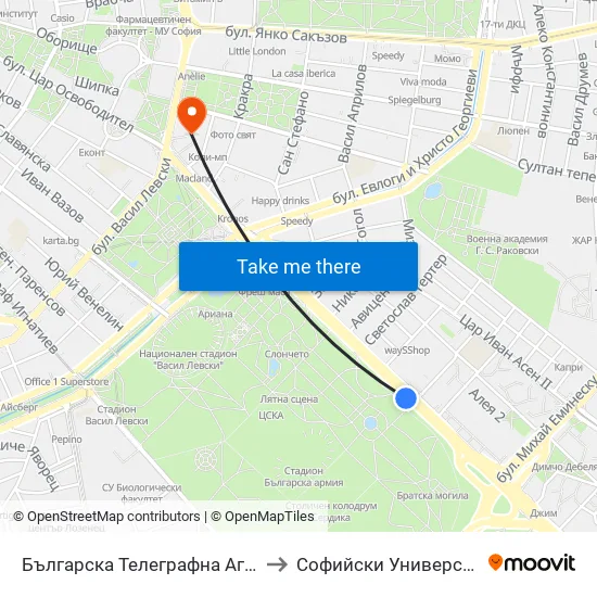 Българска Телеграфна Агенция / Bulgarian News Agency (1394) to Софийски Университет “Св. Климент Охридски"" map