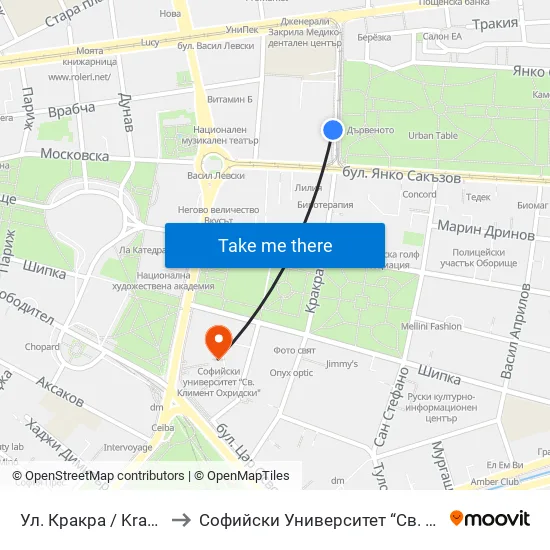 Ул. Кракра / Krakra St. (2012) to Софийски Университет “Св. Климент Охридски"" map