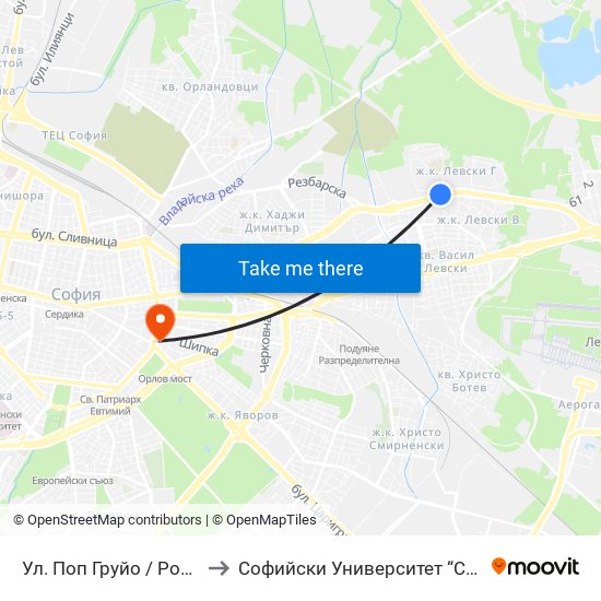 Ул. Поп Груйо / Pop Gruyu St. (2124) to Софийски Университет “Св. Климент Охридски"" map